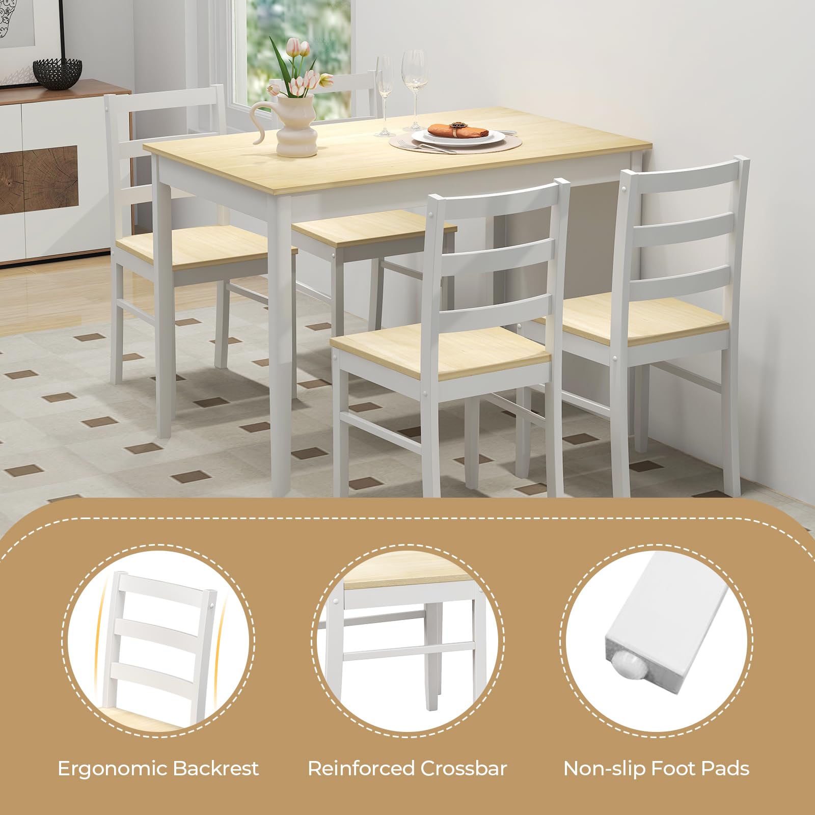 Dining Table Set for 4, Farmhouse Solid Wood Dining Set w/Rubber Wood Legs