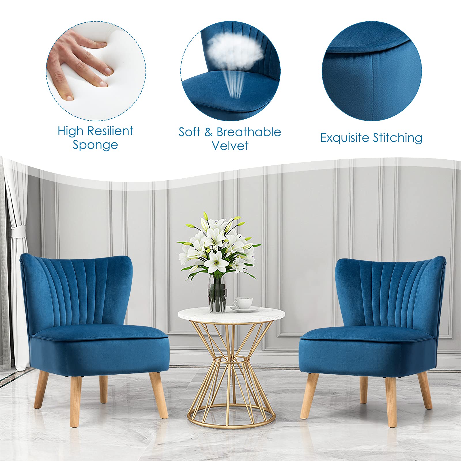 Upholstered Armless Accent Chair w/Rubber Wood Legs & Thick Sponge Seat