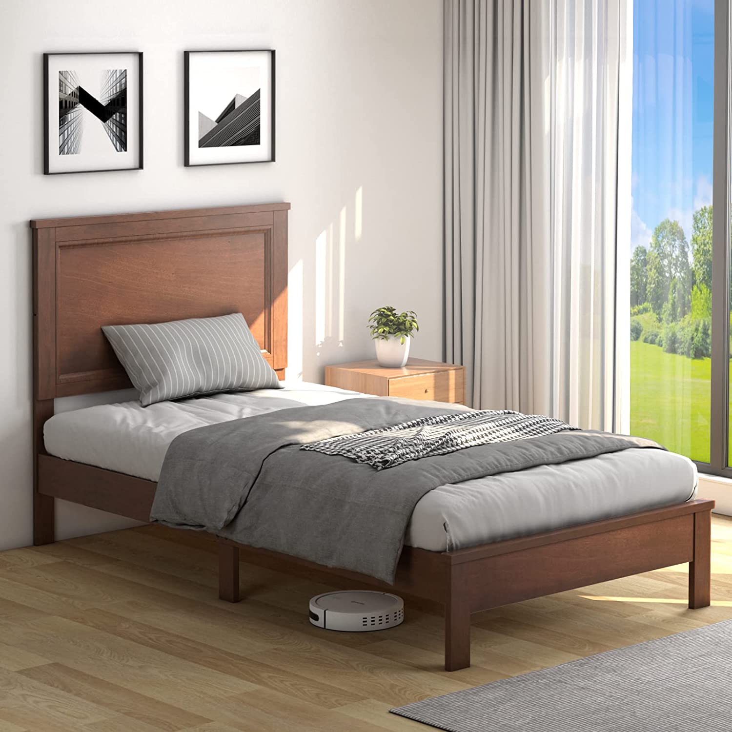 Wood Platform Bed Frame with Headboard, Mid Century Platform Bed Frame with Solid Wood Legs & Wooden Slat Support