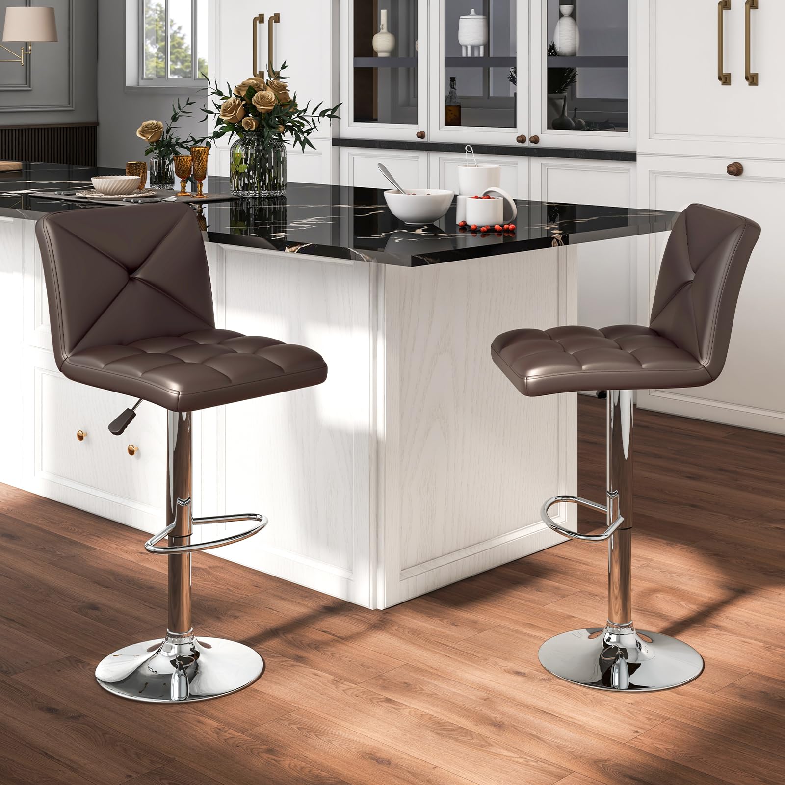 Bar Stools Set of 2/4, Modern PU Leather Swivel Counter Height Bar Stools with Back, Heavy-Duty Metal Base & Footrest