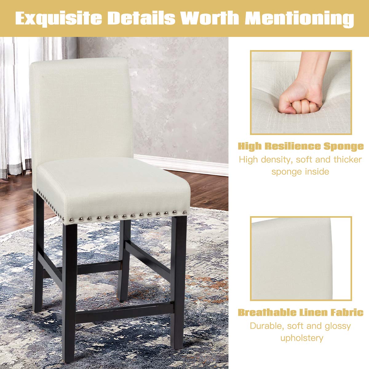 Bar Stools Set of 2/4, 25'' Counter Height Upholstered Bar Chairs w/ Rubber Wood Legs, Breathable Linen Fabric, Padded Seat & Backrest