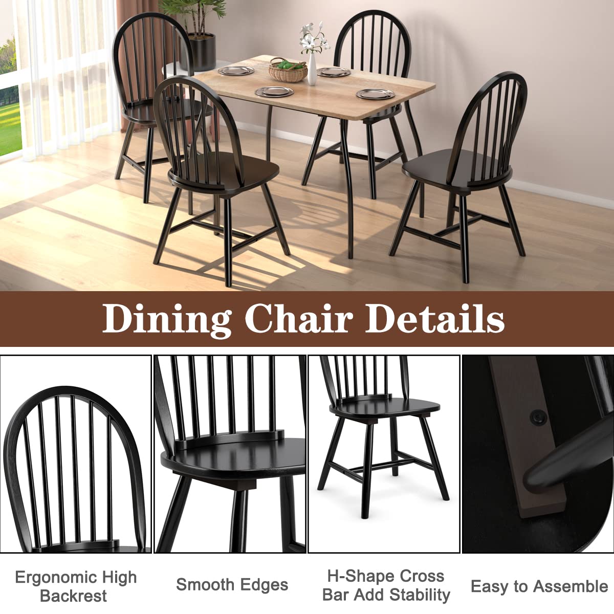 Set of 2/4 Wood Dining Chairs, French Country Armless Spindle Back Dining Chairs