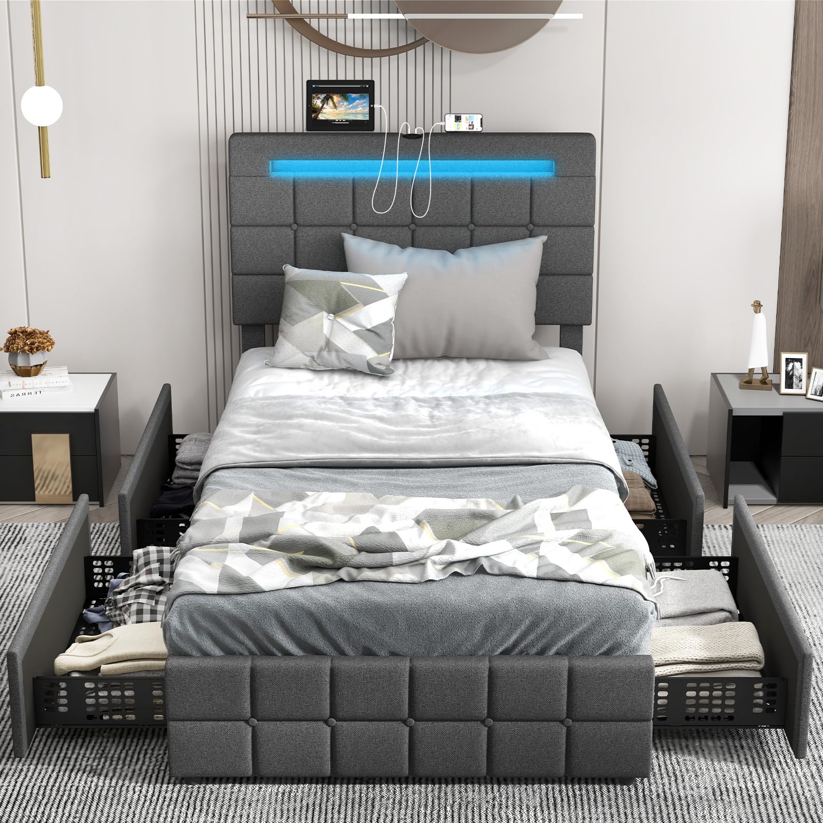 Upholstered Bed Frame with LED Lights and 4 Drawers, Height Adjustable Headboard with USB Ports