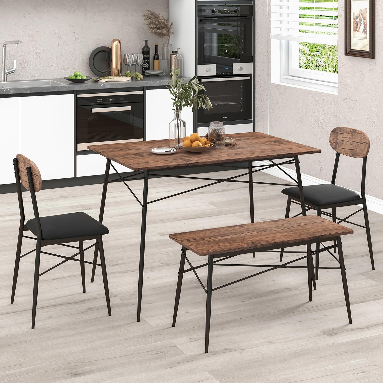 Dining Table Set for 4, Mid-Century Kitchen Furniture Set w/Kitchen Table, Bench & 2 Upholstered PVC Leather Chairs
