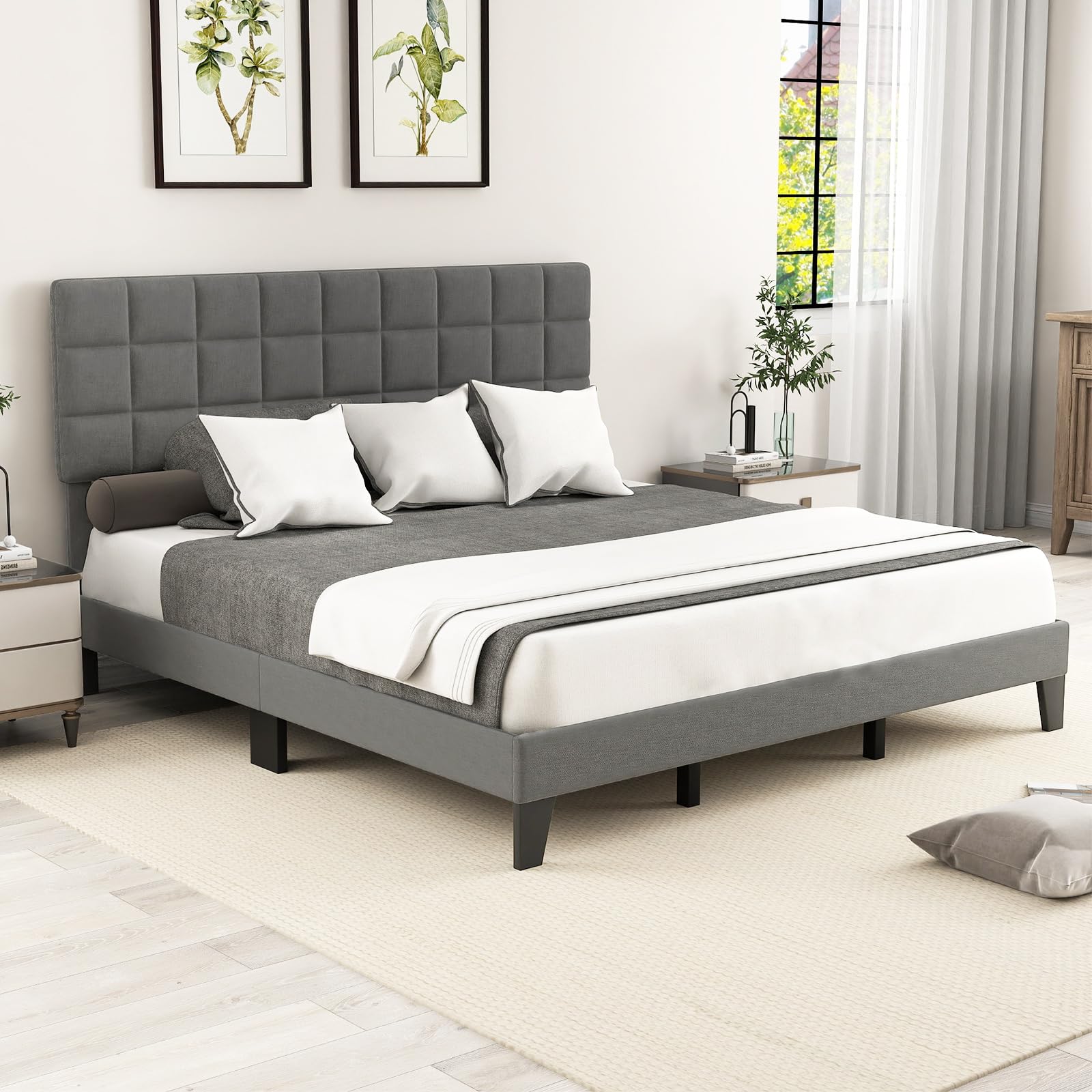 Linen Fabric Upholstered Bed Frame with Adjustable Headboard & Wooden Slat Support