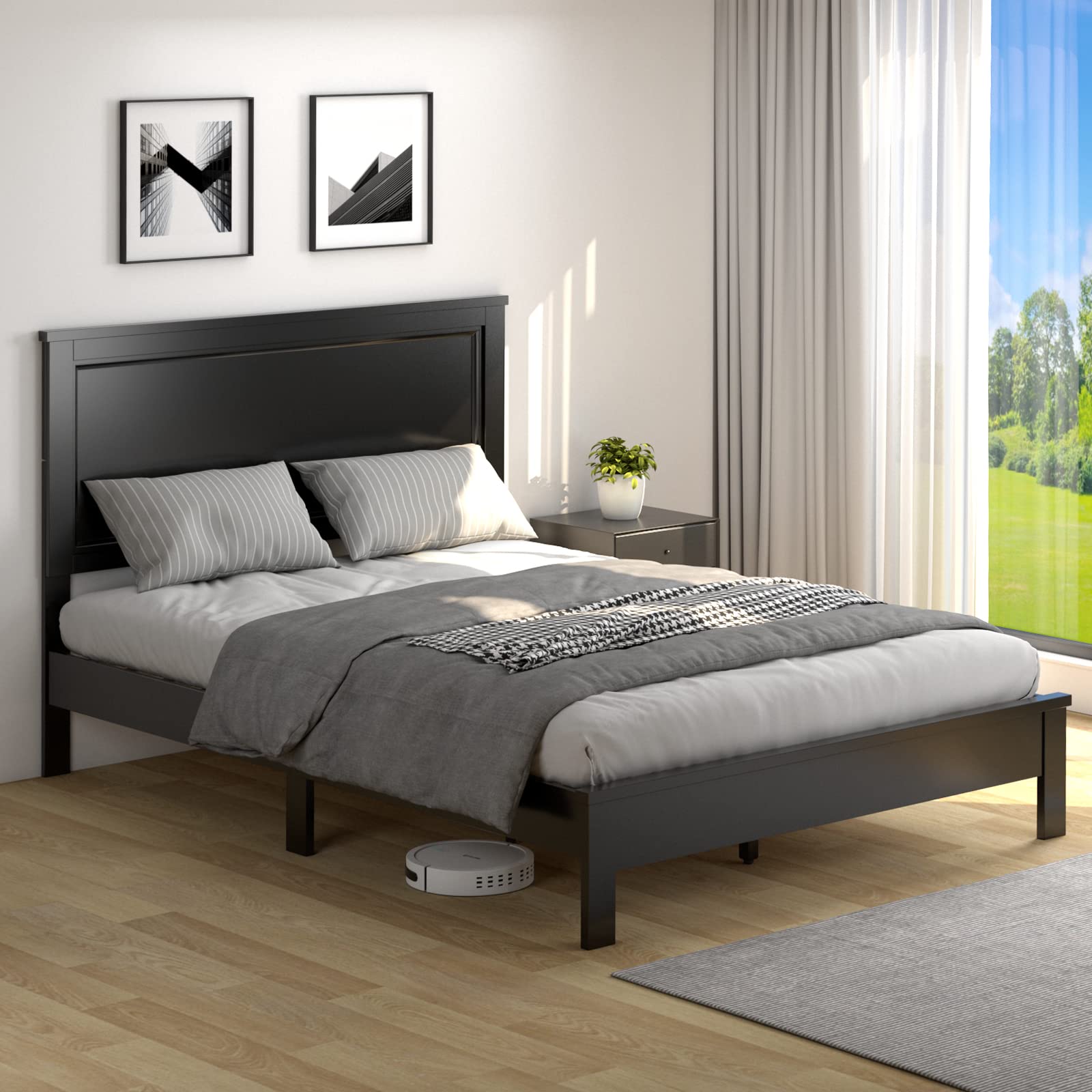 Wood Platform Bed Frame with Headboard, Mid Century Platform Bed Frame with Solid Wood Legs & Wooden Slat Support