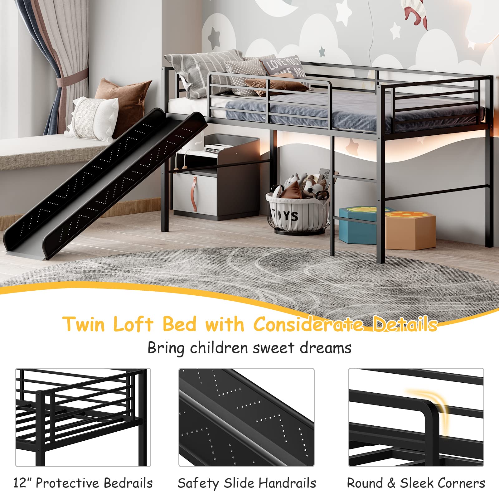 Twin Metal Low Loft Bed with Slide, Safety Guardrails & Built-in Ladder