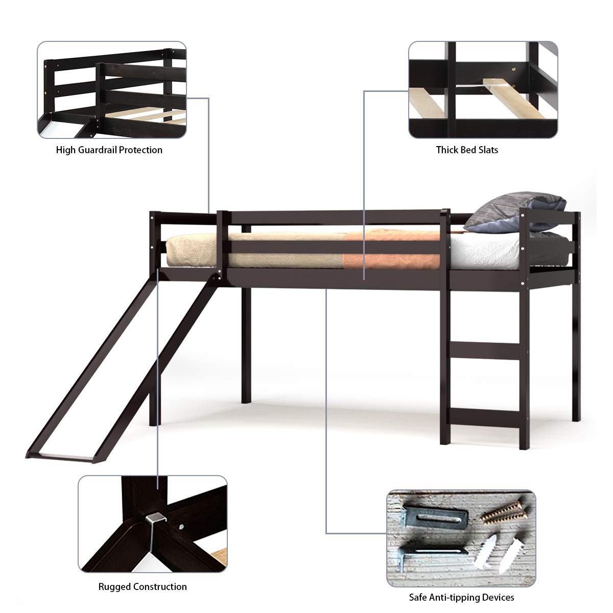 Twin Size Wood Low Loft Bed with Slide, Ladder & Guard Rail
