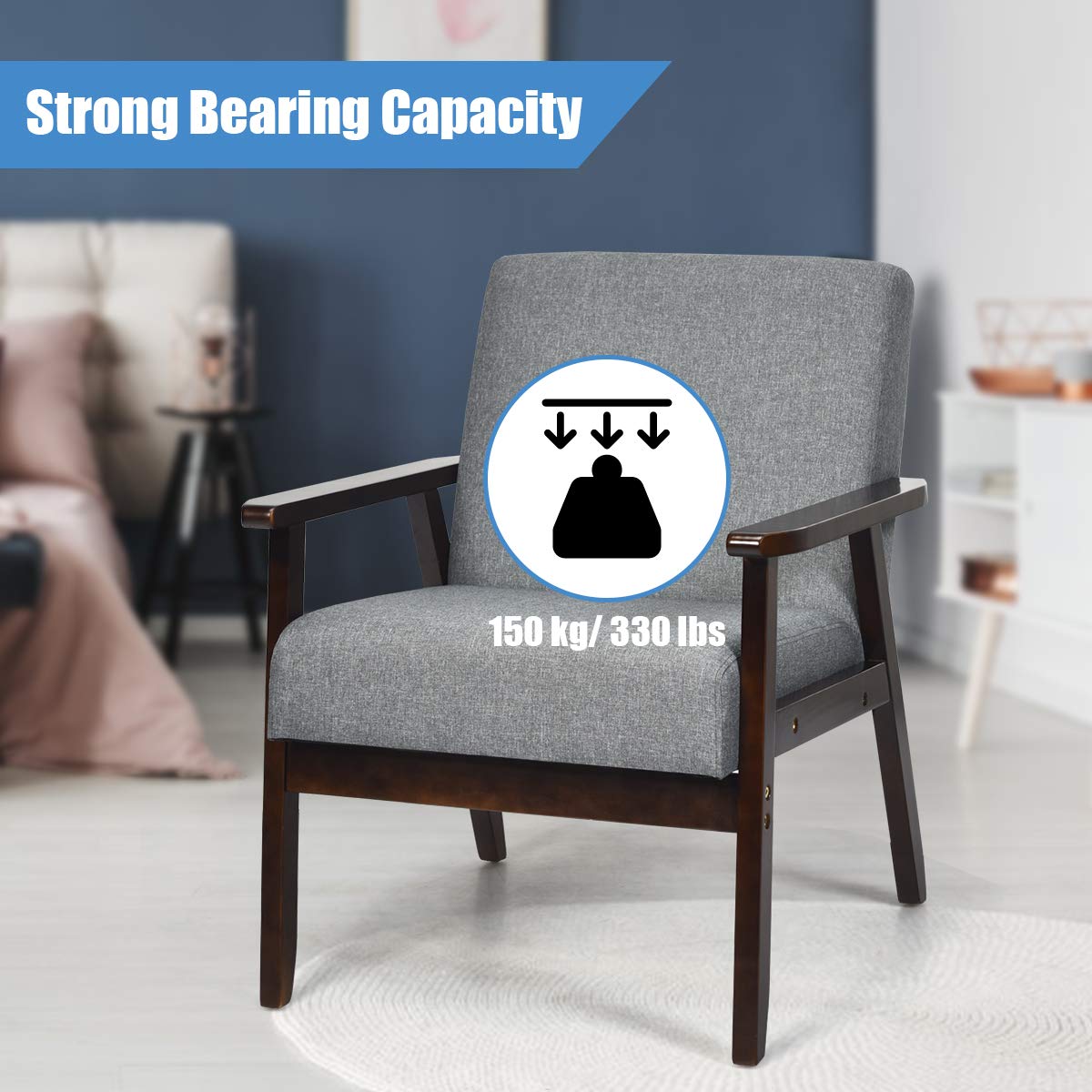 Solid Hardwood Made Mid-Century Modern Accent Chair | Retro Fabric Armchair