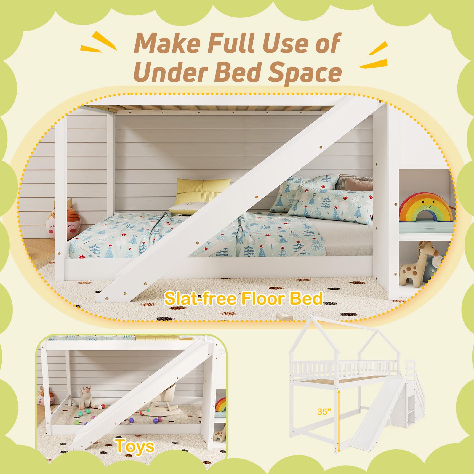 Twin Over Twin  Wood House Bunk Bed with Slide & Stairs, Storage Shelves
