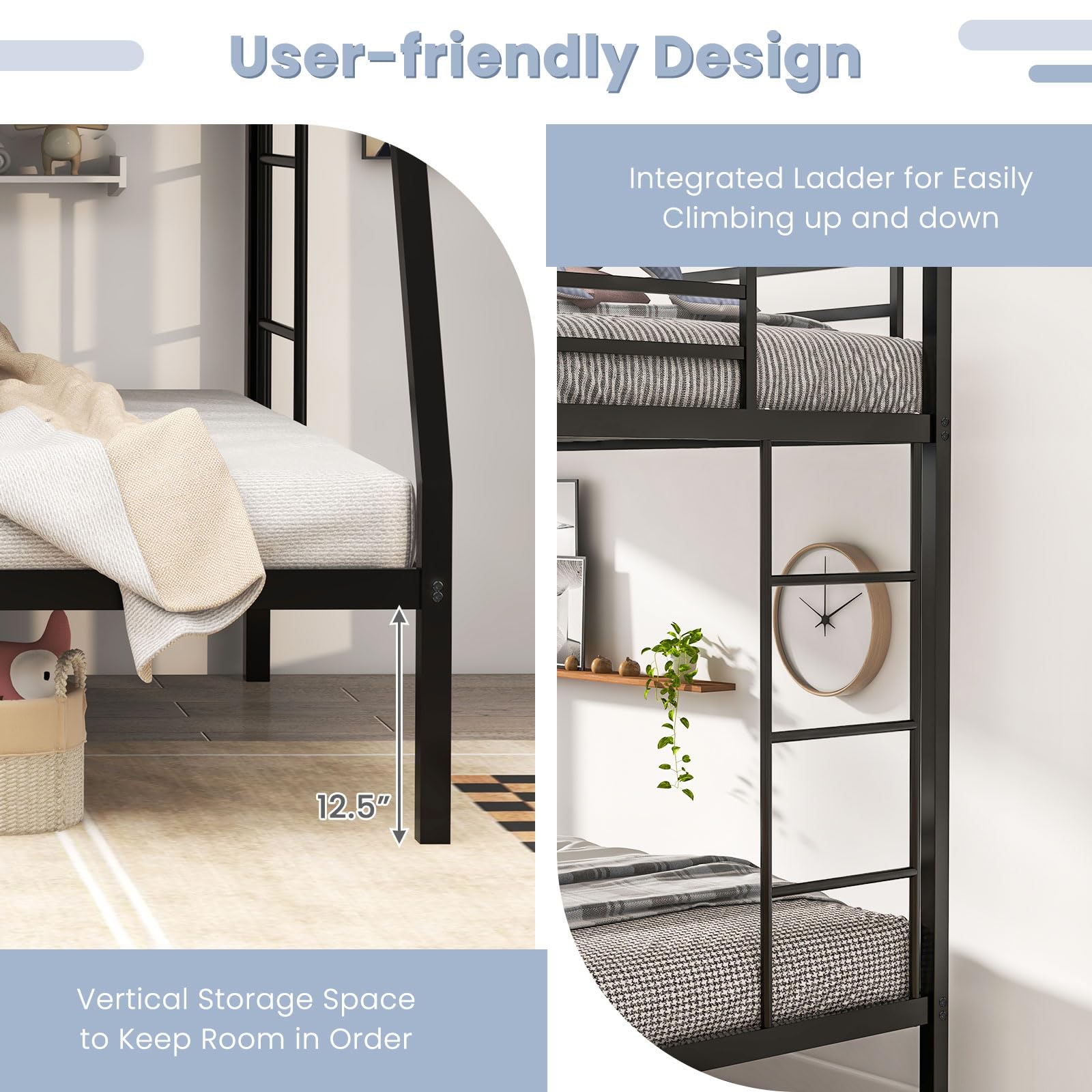 Metal Twin Over Full Bunk Bed, Heavy Duty Bed Frame with Integrated Ladder, Full-Length Guardrails for Teens & Adults