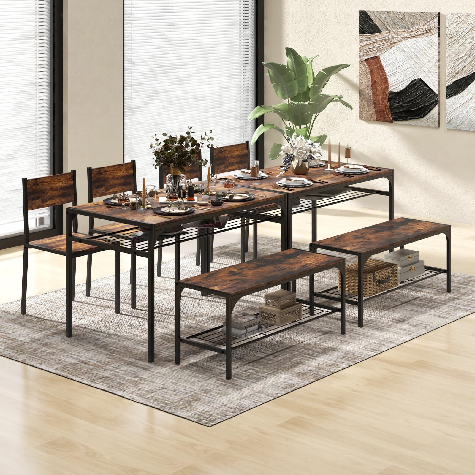 4 Pieces Dining Table Set, Kitchen Table and 2 Chairs for 4 with Bench, Storage Racks