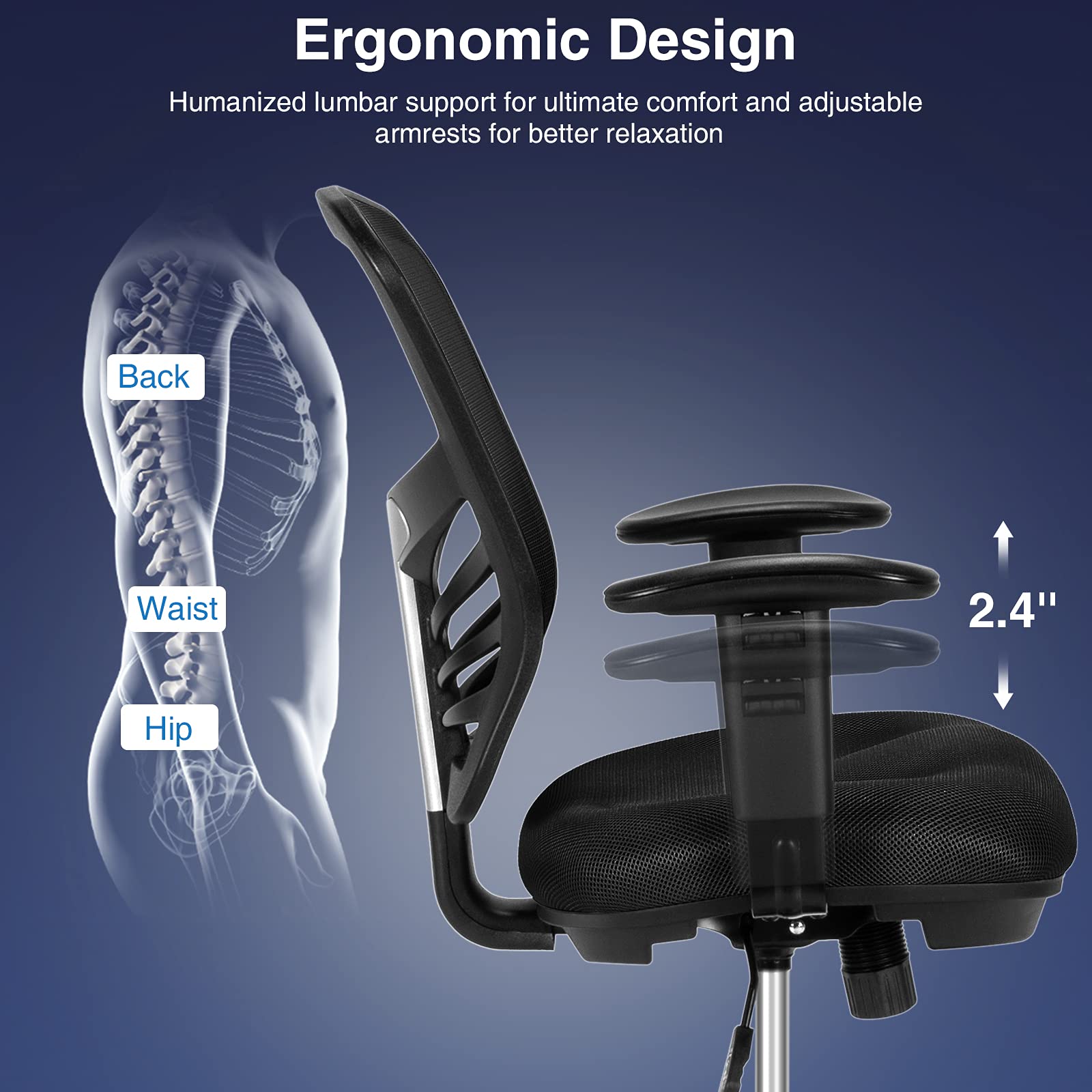 Drafting Chair, Standing Desk Chair with Lumbar Support, Footrest Ring & Armrests