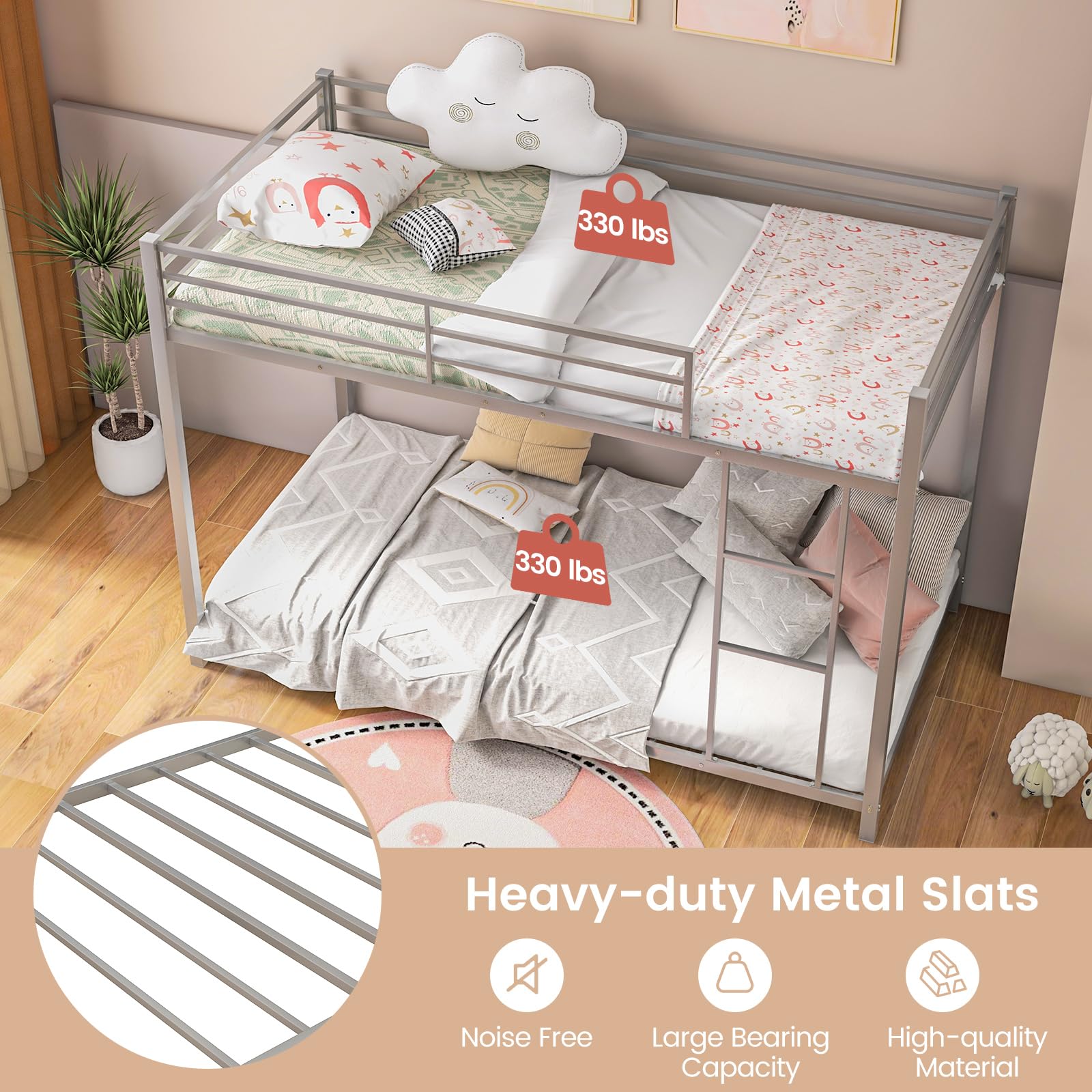 Twin Over Twin Metal Low Floor Bunk Bed with Safety Guard Rail & Ladder