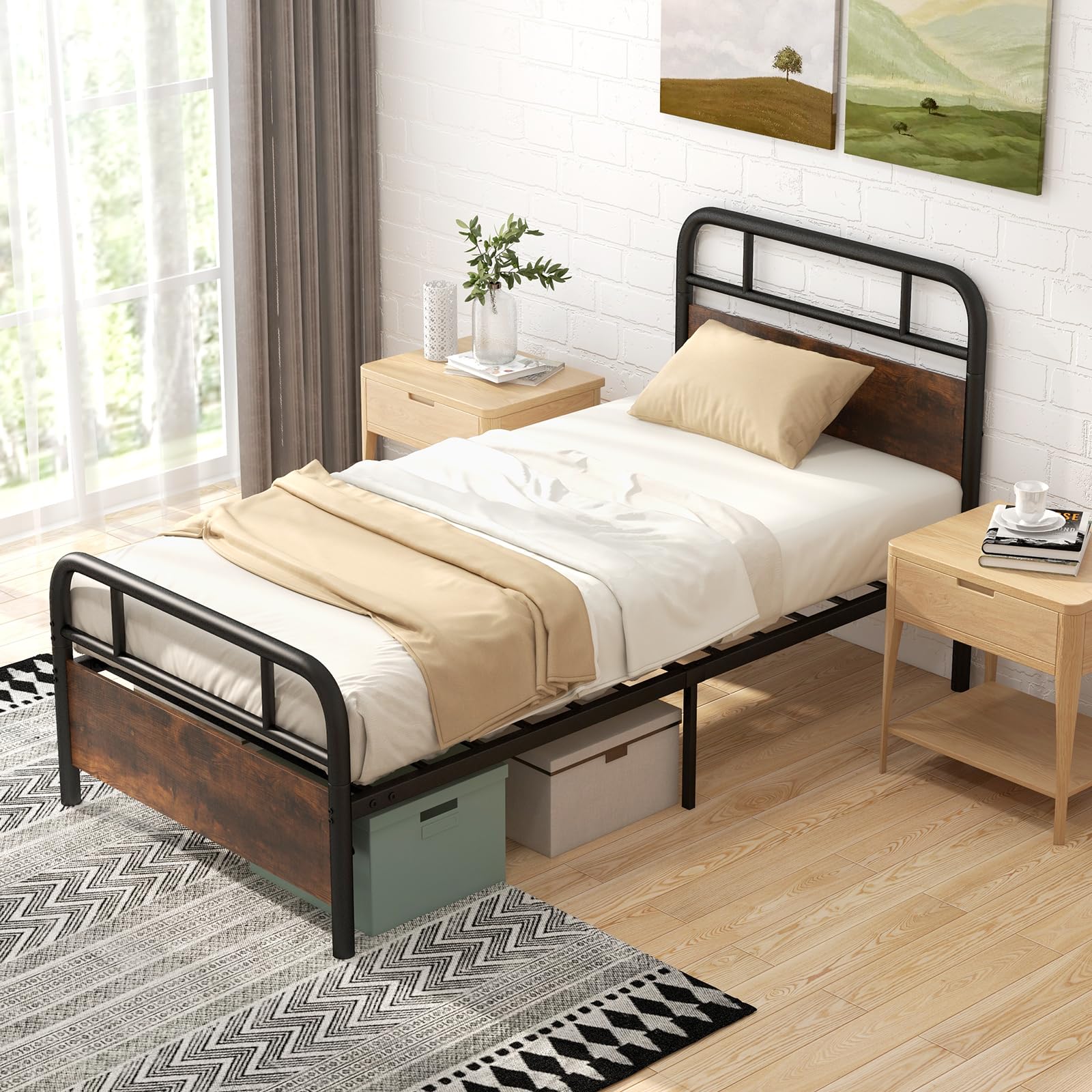 Industrial Metal Bed Frame with Wood Headboard and Footboard, Rustic Brown
