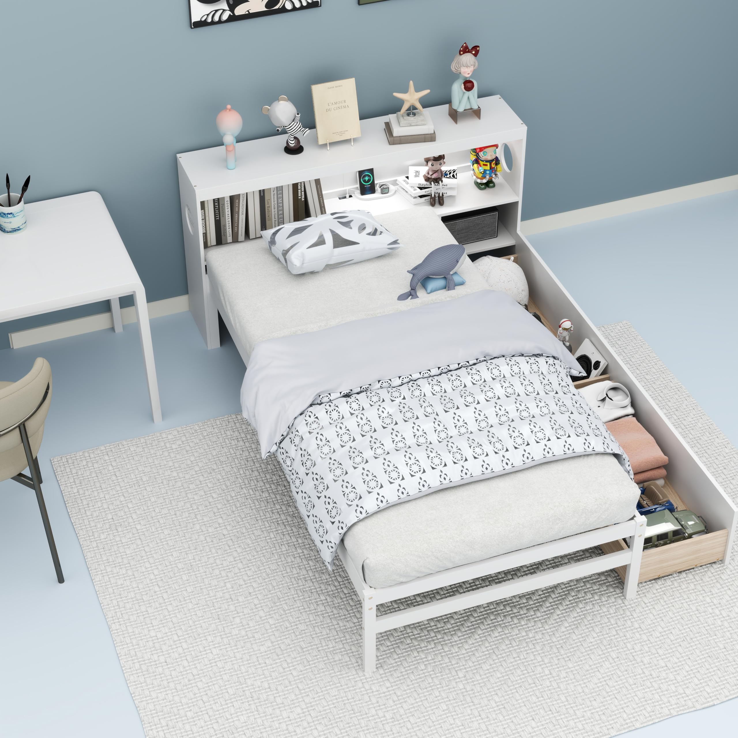 Wood Twin Bed Frame with Storage Drawer & Headboard, Modern Platform Bed with Charging Station & LED Light