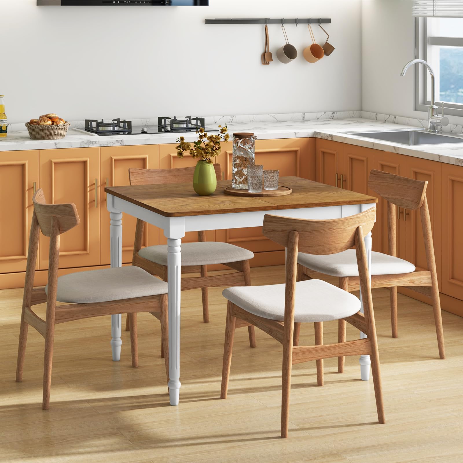 Extendable Dining Table for 4-8 People, Large Folding Kitchen Table with Rubber Wood Legs