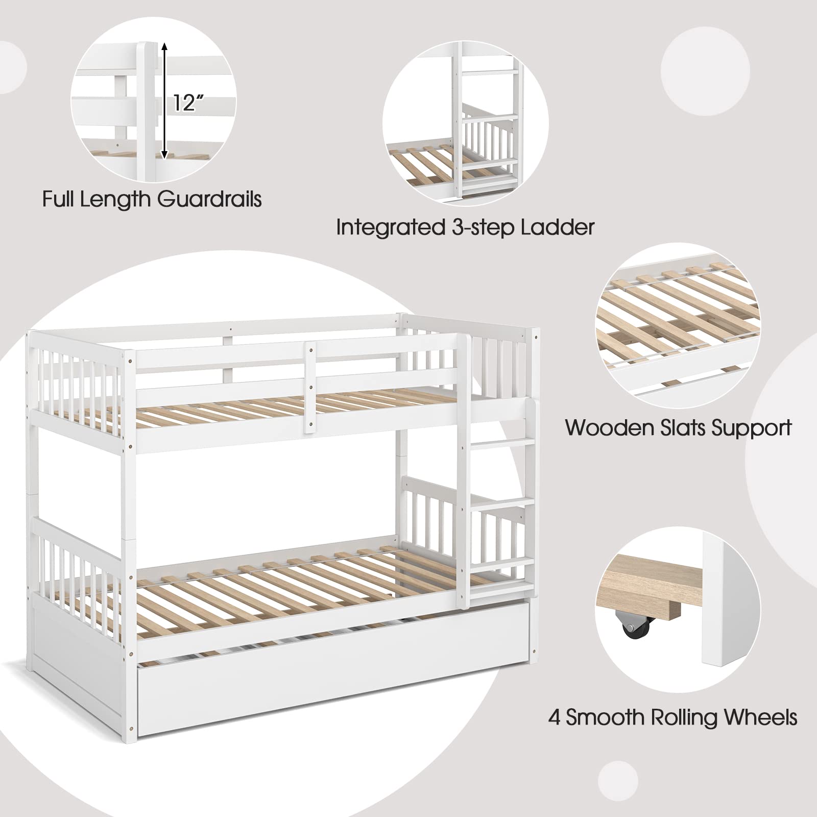 Twin Over Twin Wood Bunk Bed with Trundle, 2-in-1 Convertible Bunk Bed with Ladder & Solid Wood Frame