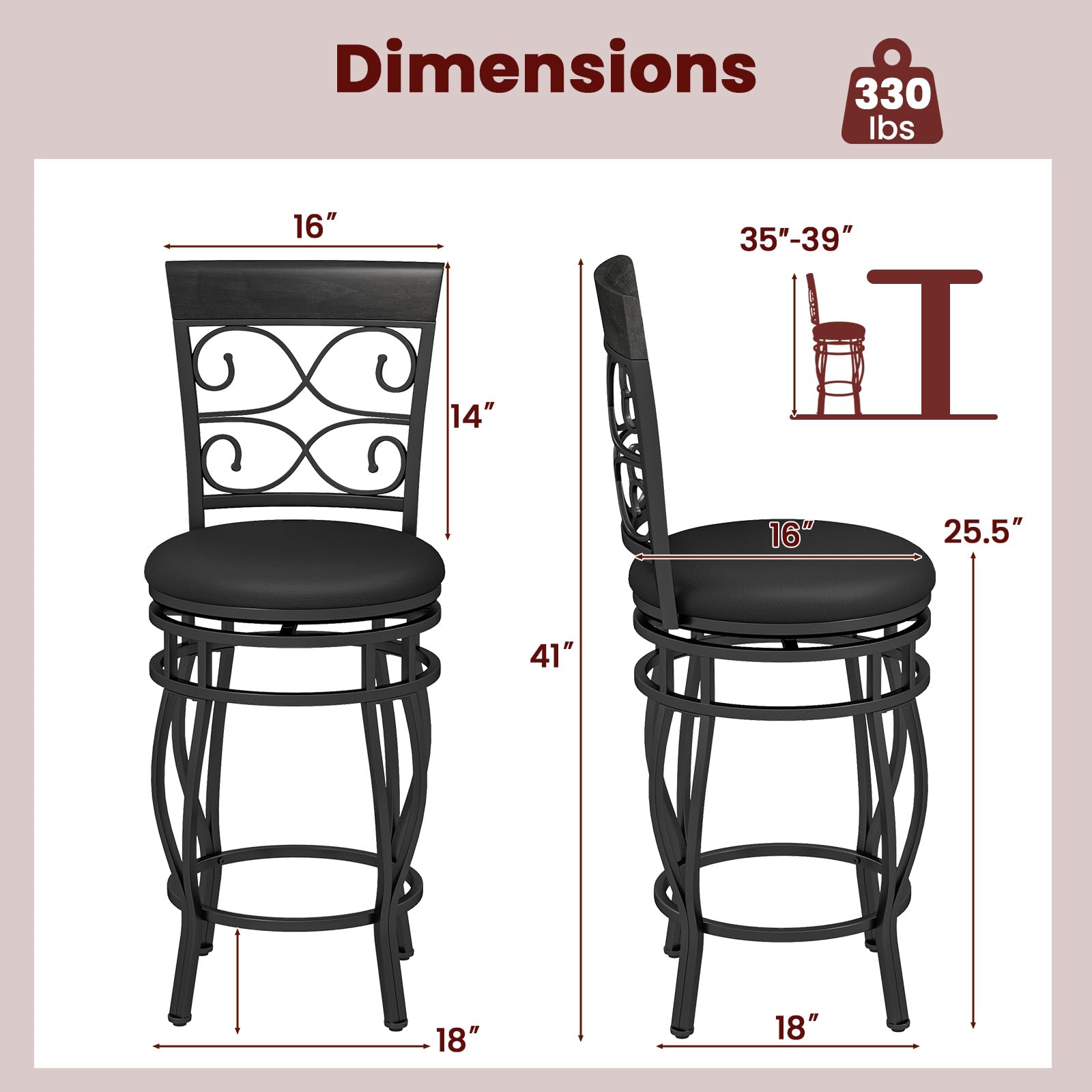 Swivel Bar Stools Set of 2/4, Counter Height Bar Stools with Back, Upholstered PU Leather Seat, Footrest