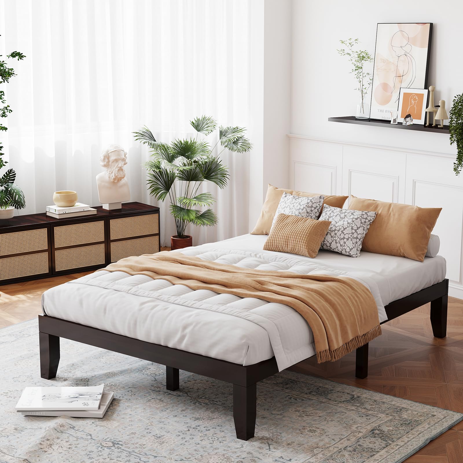 14 Inches Wood Platform Bed Frame, Solid Wood Mattress Foundation with Rubber Wood Frame