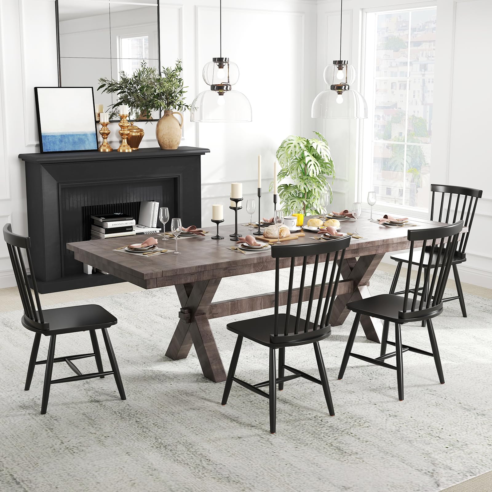 Windsor Dining Chairs Set of 2/4 with Wide Seat & Spindle Back