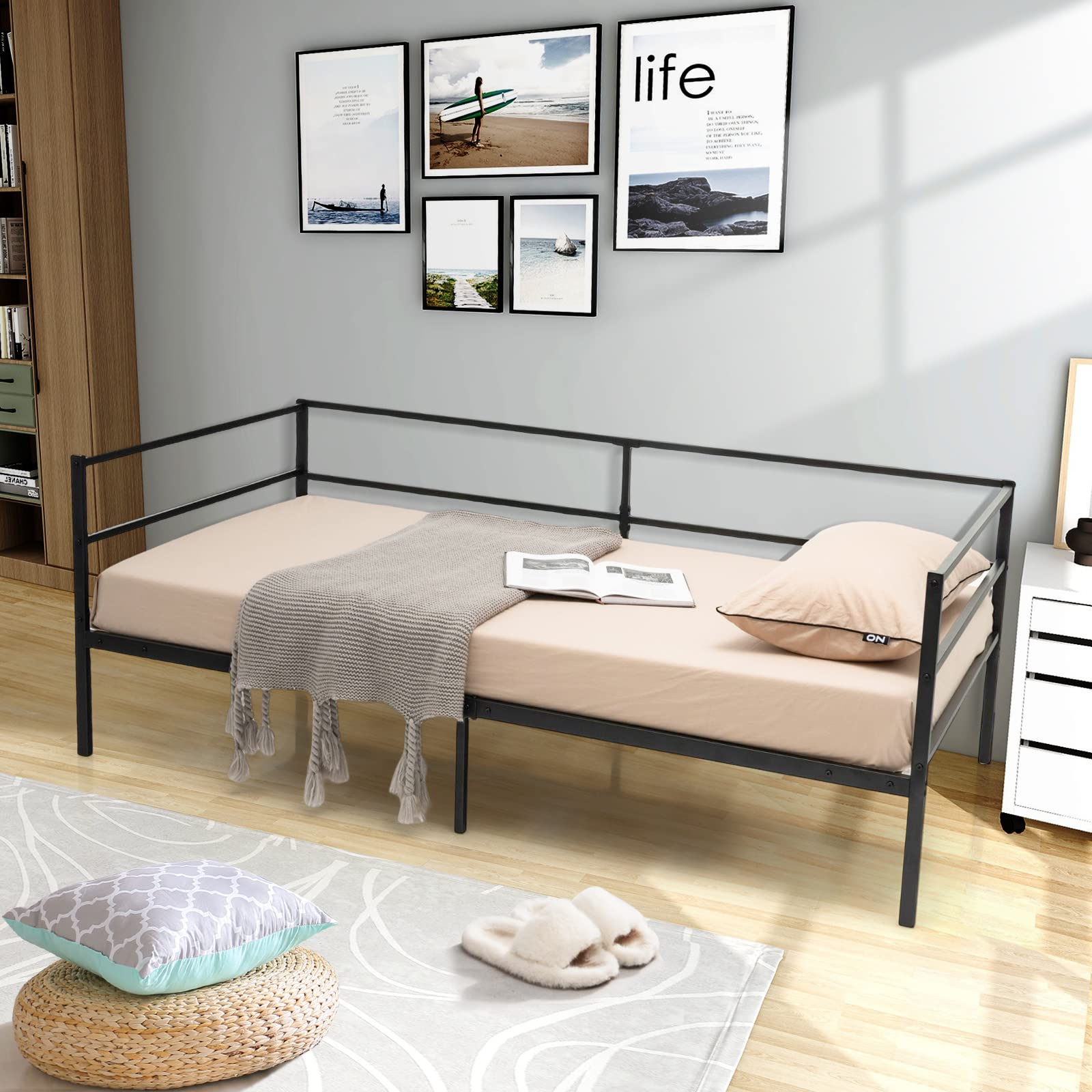 Twin Size Metal Daybed with Metal Slat Support & 3-Sided Guardrails