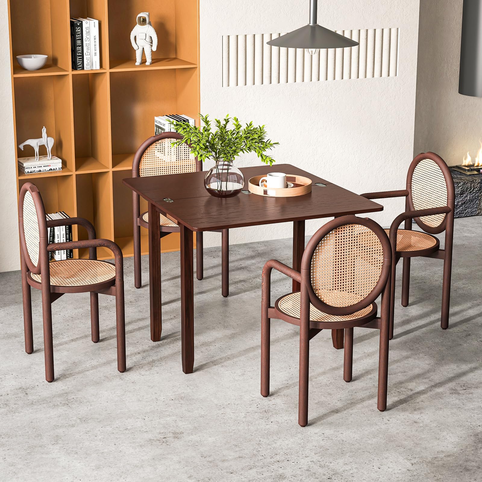 Folding Dining Table for 4, Extendable Kitchen Table w/Hidden Storage & Rubber Wood Frame