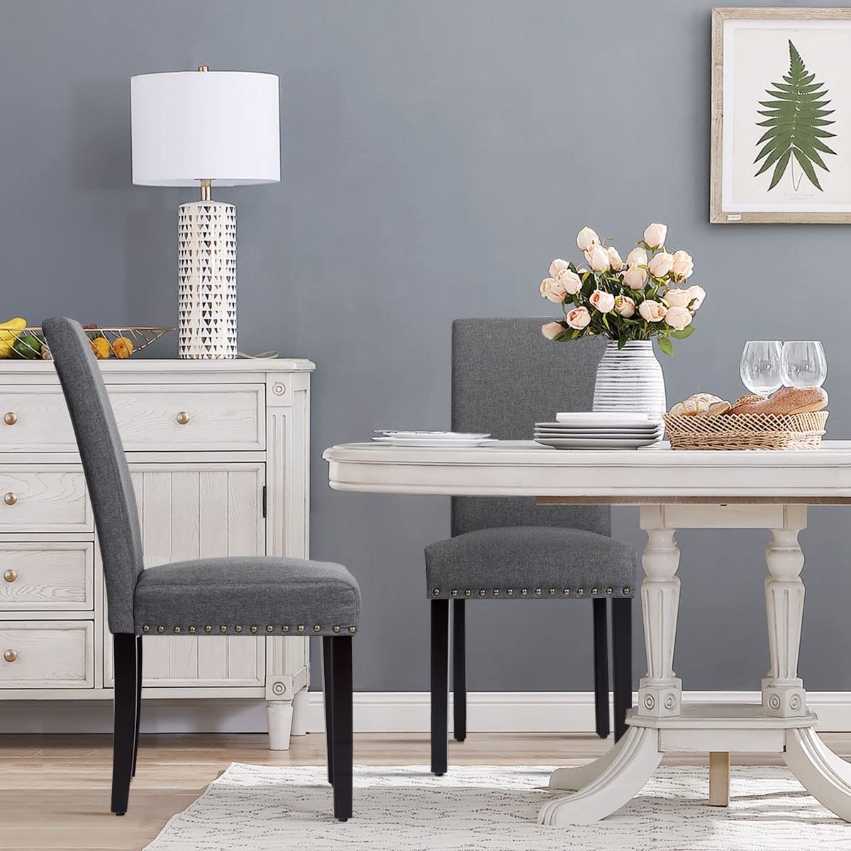 Upholstered Dining Chairs Set of 2, Fabric Side Chairs with Wood Legs, Soft Padded Seat