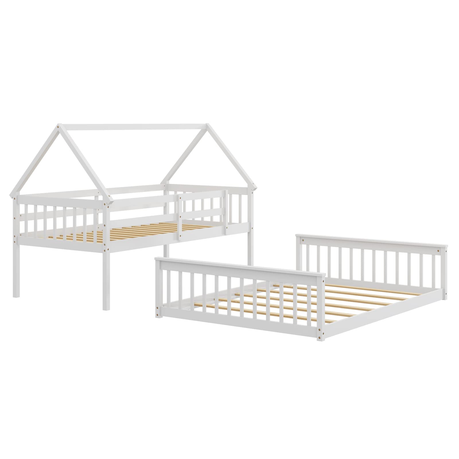 Twin Over Full Wood House Bunk Bed with Integrated Ladder & Safety Guardrails, Convertible to 2 Beds