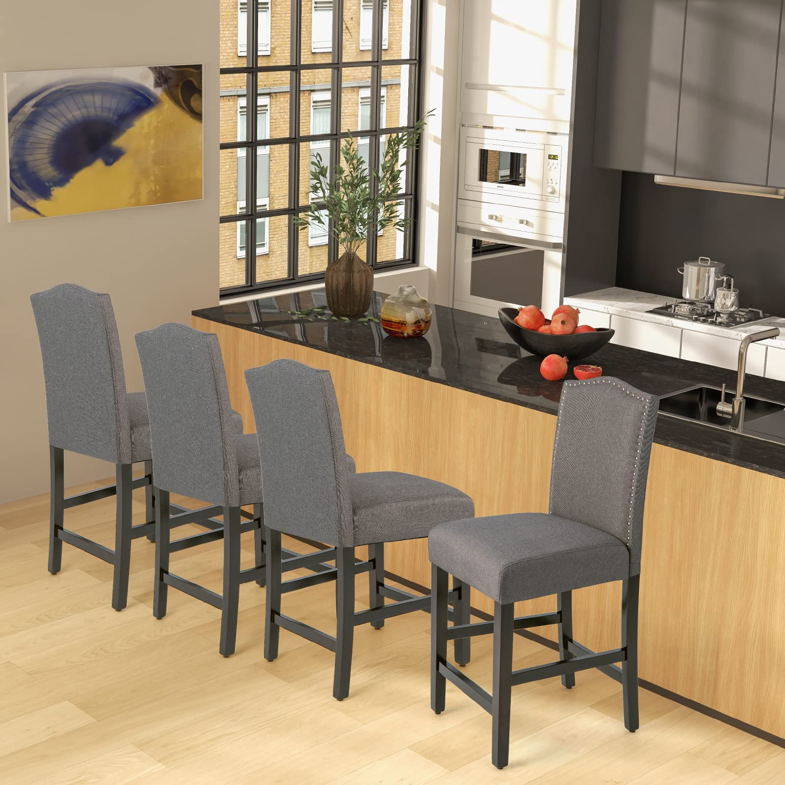 Bar Stools Set of 2/4, Counter Height Bar Dining Chairs with Rubber Wood Legs, Footrest