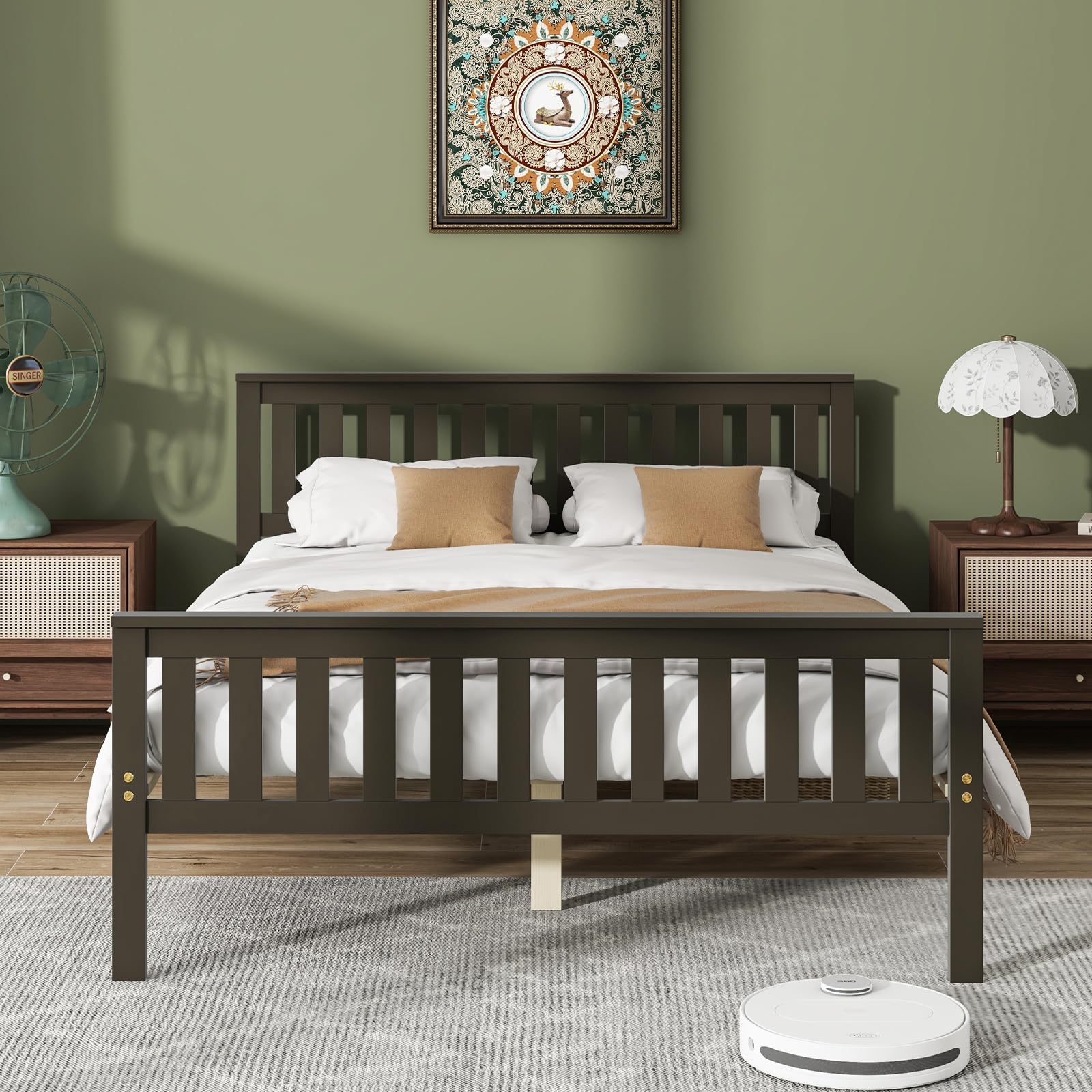 Wood Platform Bed Frame with Headboard, Wooden Slats Support, 12" Under-Bed Storage Space