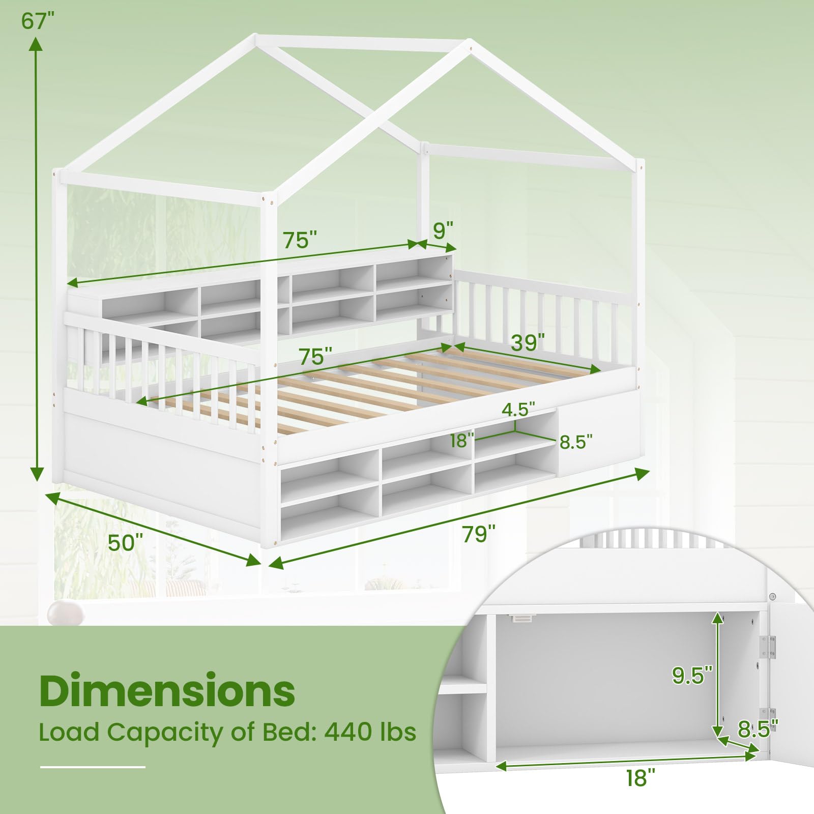 Twin Size House Bed with Storage, Wooden Montessori House Bed with 14 Storage Cubes, Enclosed Cabinet, Wood Slats & Fencing