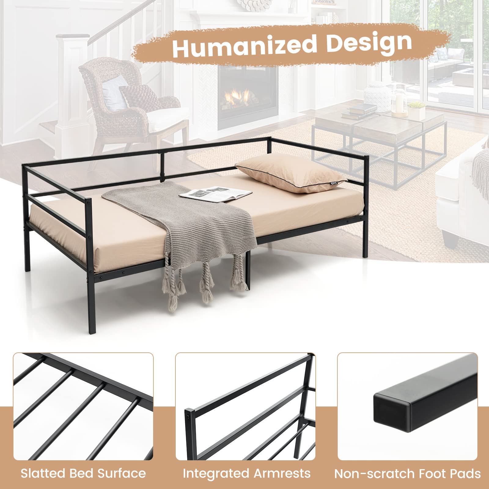 Twin Size Metal Daybed with Metal Slat Support & 3-Sided Guardrails