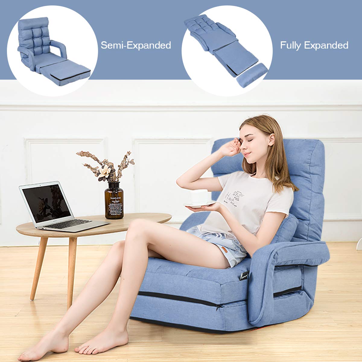 Adjustable Floor Chair, Folding Lazy Sofa Chair with 5 Positions, Detachable Seat Cushion