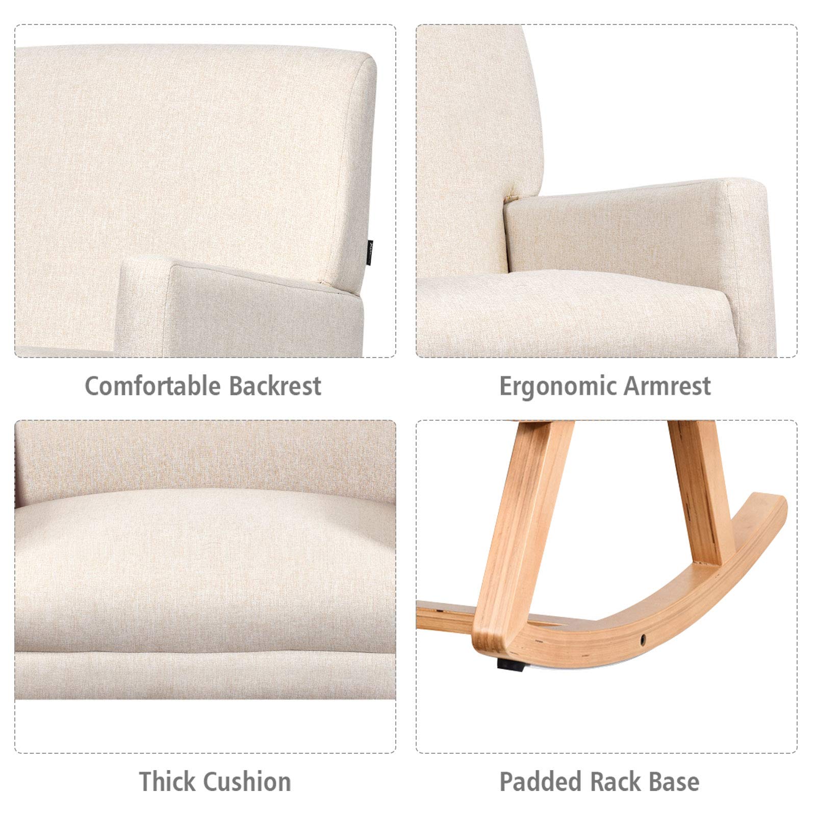 Upholstered Rocking Chair with Fabric Padded Seat and Solid Wood Base