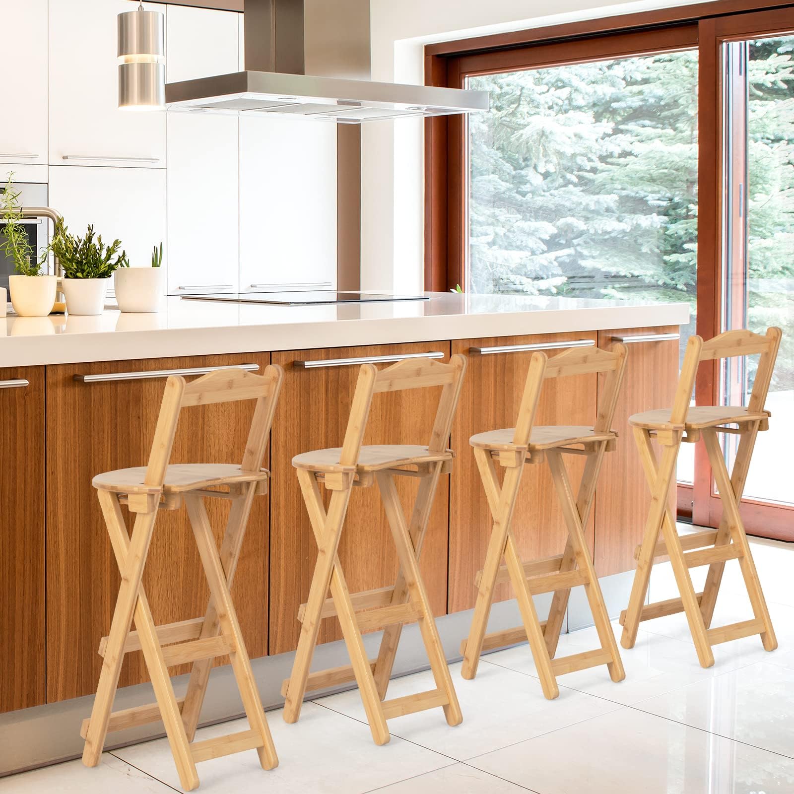 Folding Bamboo Bar Stools Set of 2/4, 24-inch Kitchen Counter Height Stools with Backrest and Footrest