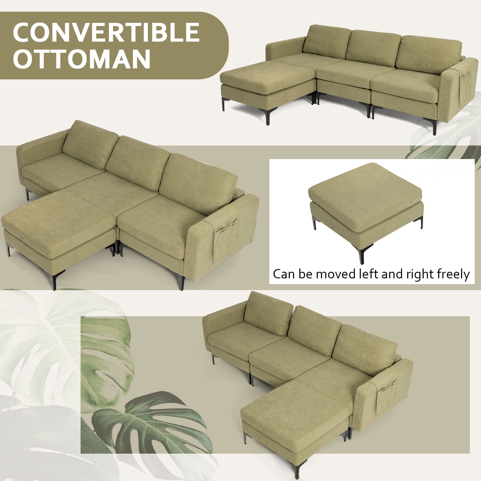Convertible Sectional Sofa Couch, 3-Seat L Shaped Couch with Reversible Ottoman, Built-in Socket & USB Ports