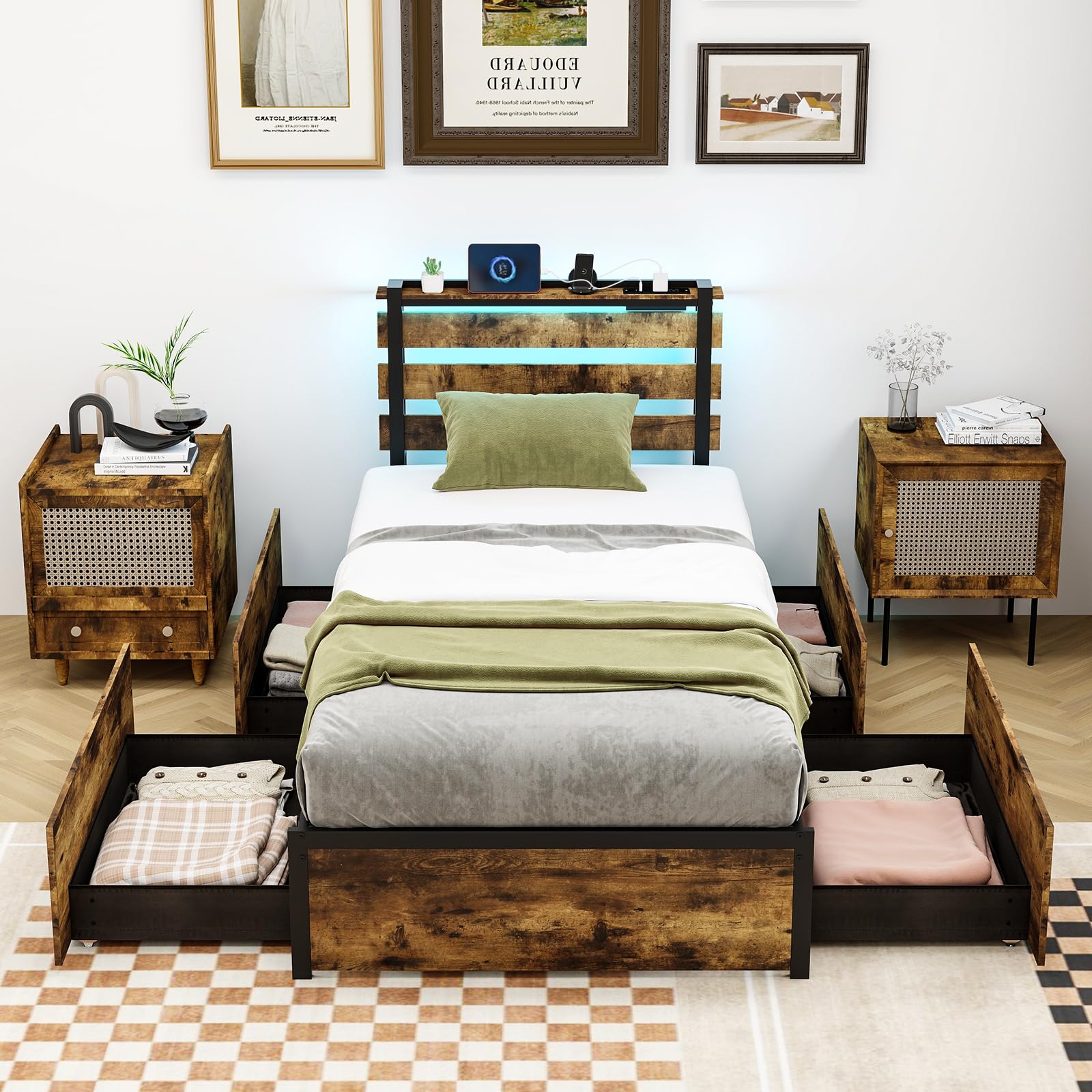Industrial Bed Frame with 4 Drawers & LED Lights Headboard