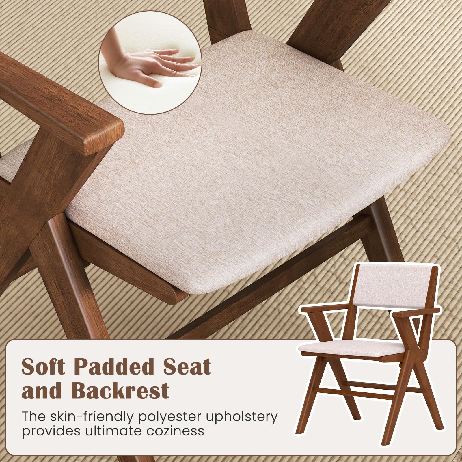 Wooden Dining Chairs Set of 2/4 w/Armrests, Rubber Wood Frame, Padded Seat & Back