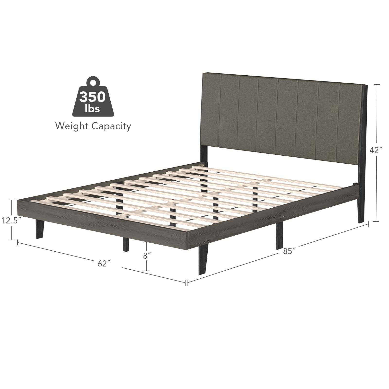 Upholstered Bed Frame, Wooden Slats Support, Queen Mattress Foundation with Tufted Headboard