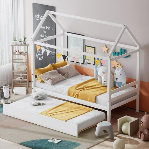Twin Size Wood House Bed with Trundle and Roof