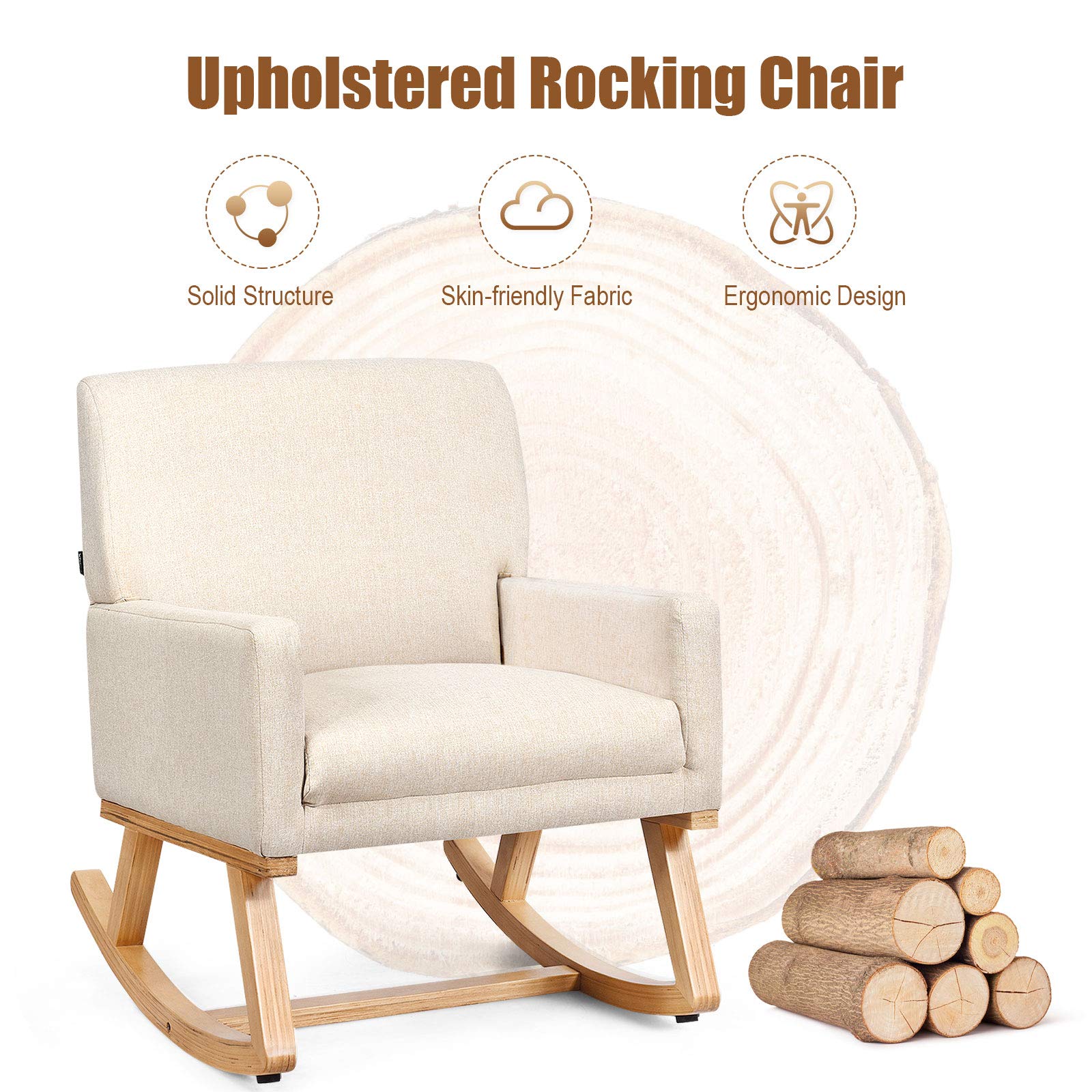 Upholstered Rocking Chair with Fabric Padded Seat and Solid Wood Base