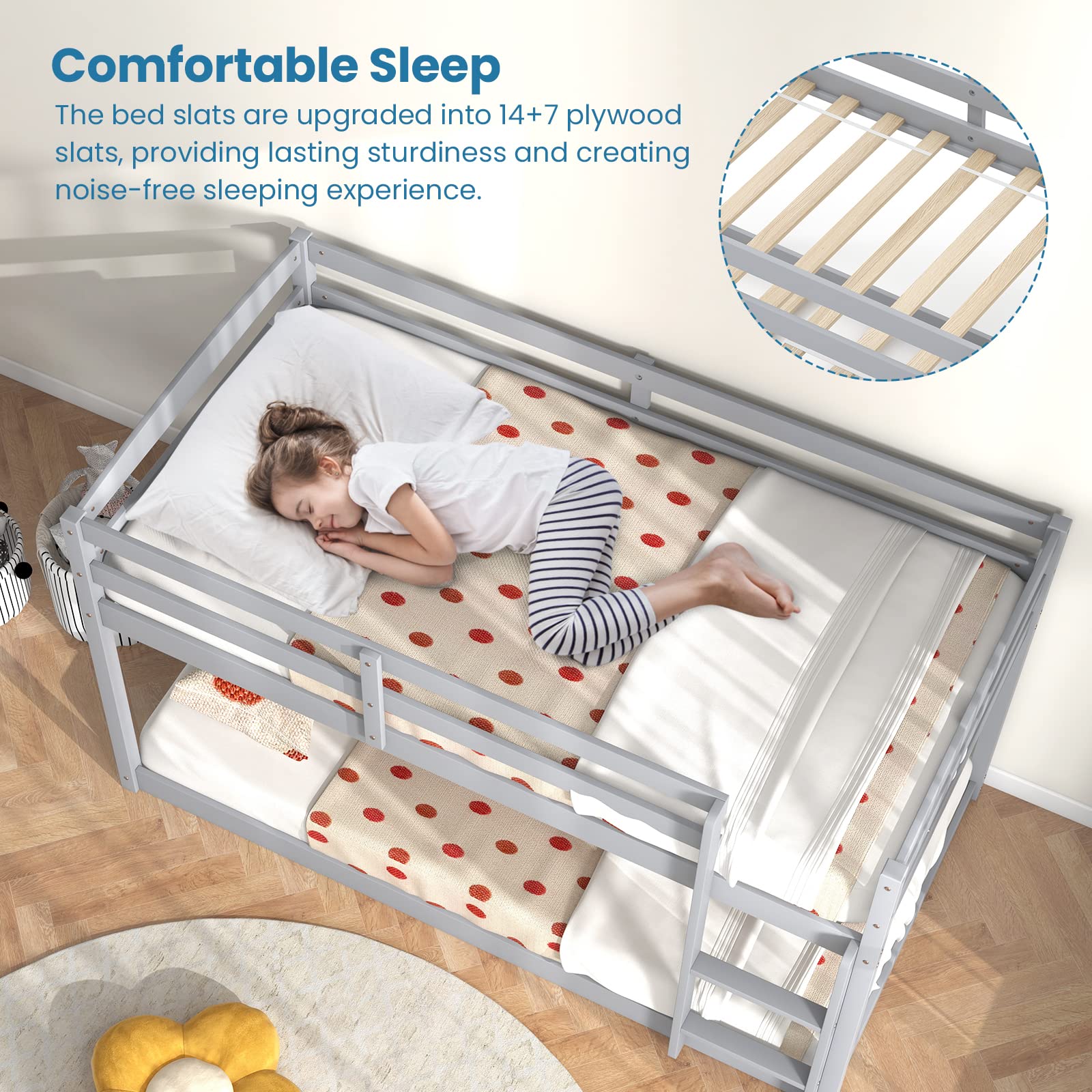 Twin Over Twin Solid Wood Low Bunk Bed with Full Guardrails & Integrated Ladder