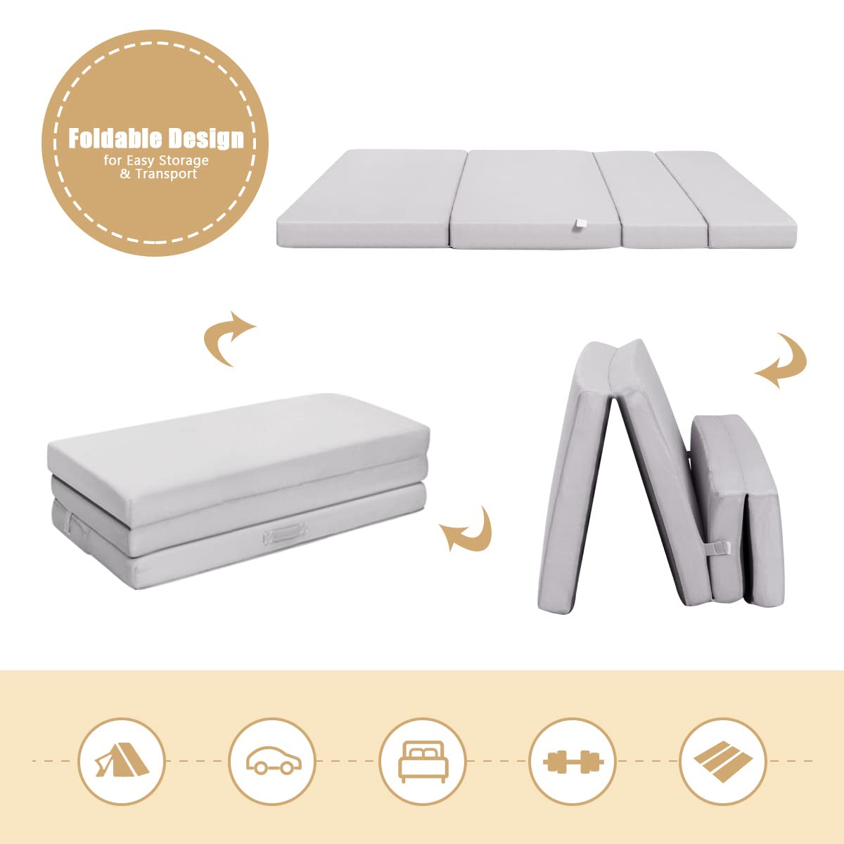 4 Inch Tri Folding Mattress, Foam Mattress with Carrying Handles and Removable Washable Fabric