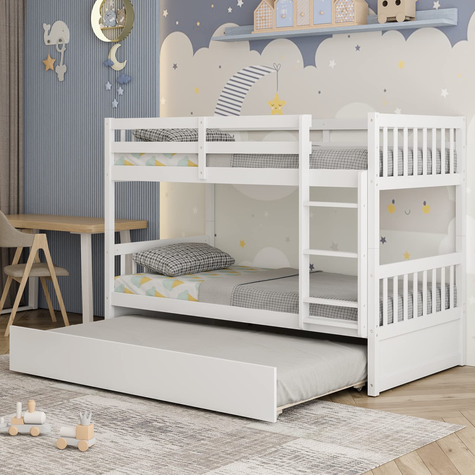 Twin Over Twin Wood Bunk Bed with Trundle, 2-in-1 Convertible Bunk Bed with Ladder & Solid Wood Frame