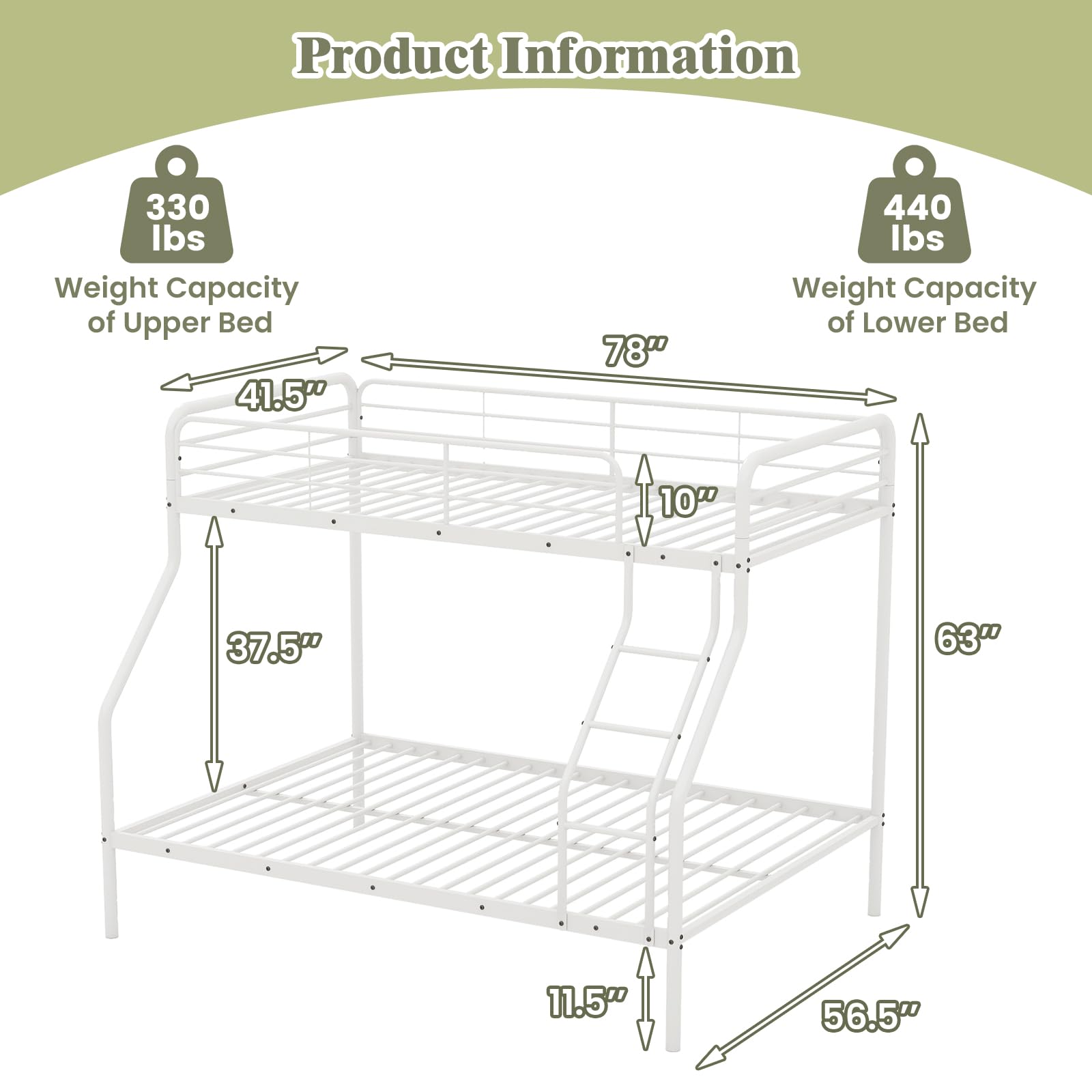 Twin Over Full Metal Bunk Bed with Inclined Ladder, Safety Guardrail