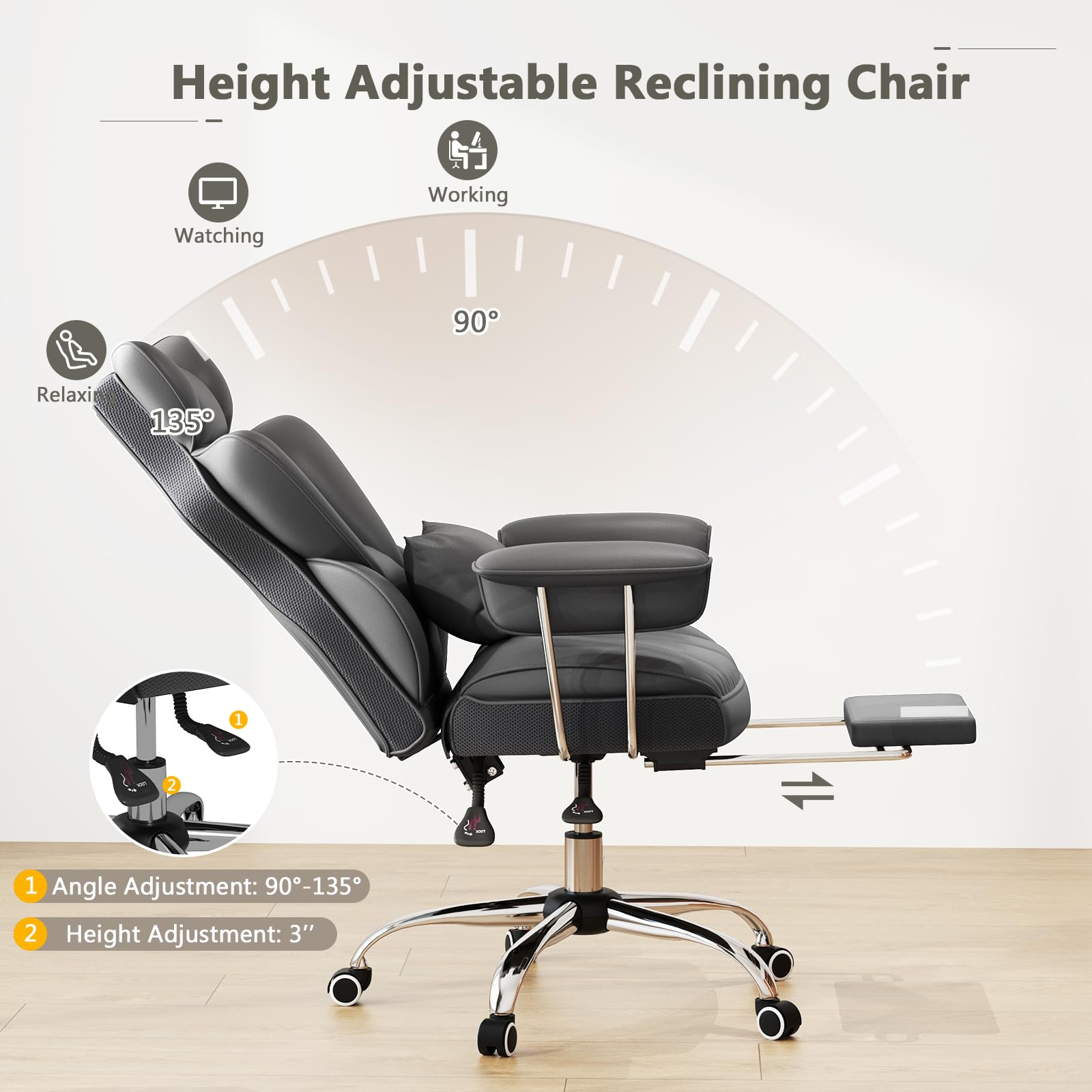 400 LBS Big and Tall Office Chair, PU Leather Executive Desk Chair w/Retractable Footrest