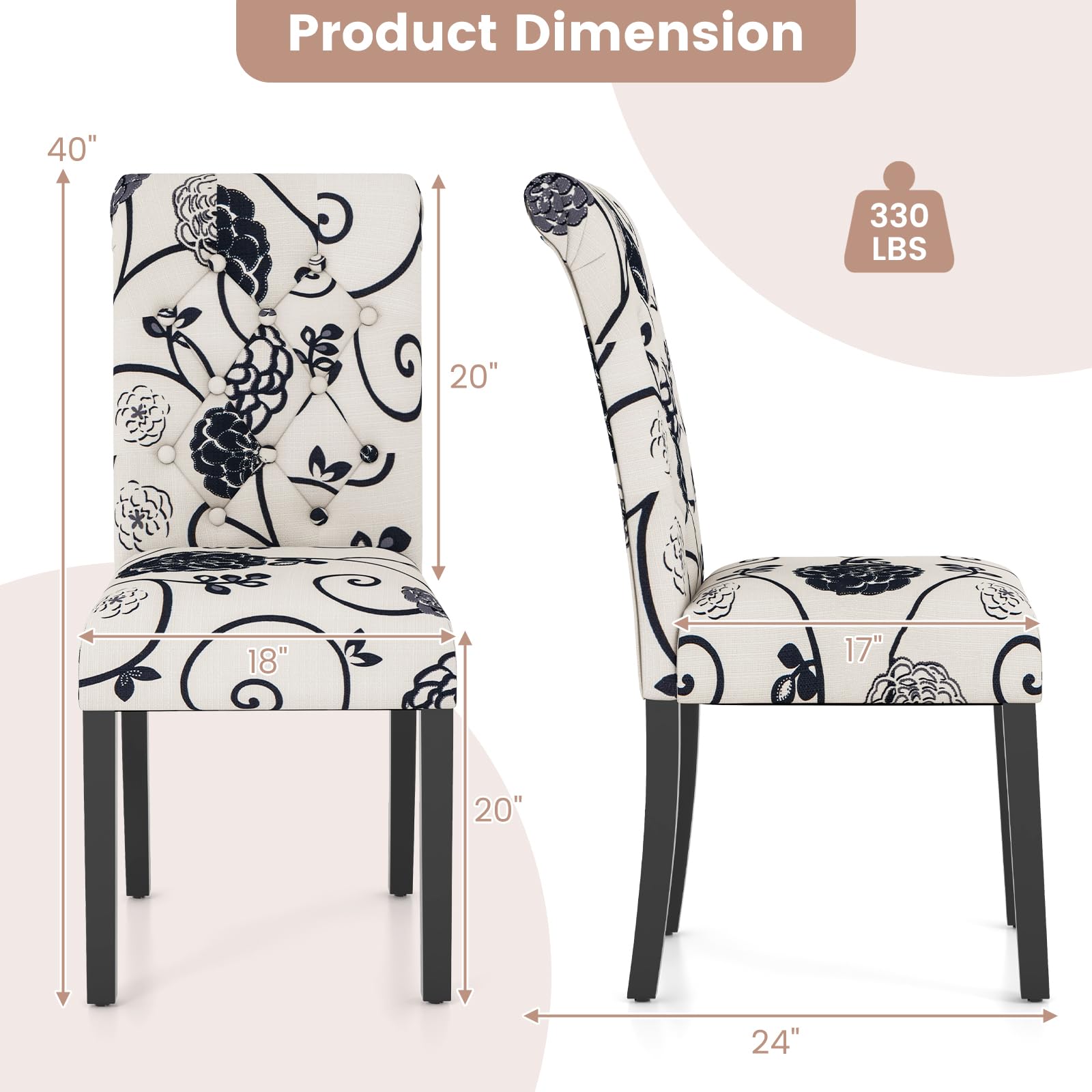 Upholstered Accent Dining Chairs Set of 2/4 with Adjustable Anti-Slip Foot Pads, High Back, Sturdy Wood Legs