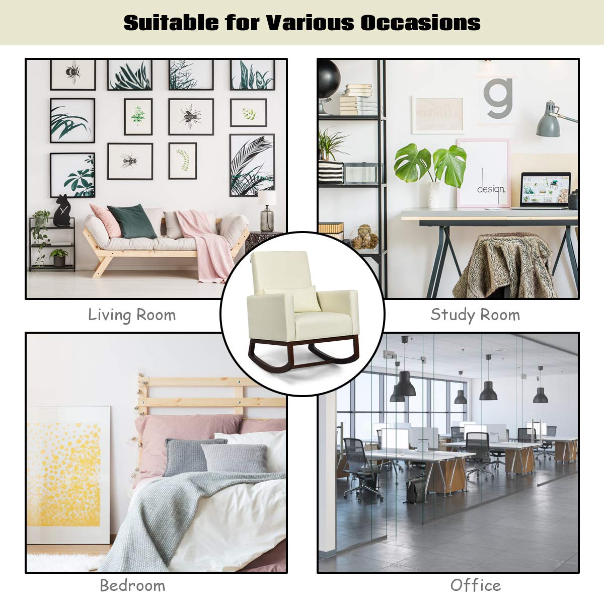 Upholstered Rocking Chair, Modern High Back Armchair, Comfortable Rocker with Fabric Padded Seat, Waist Pillow