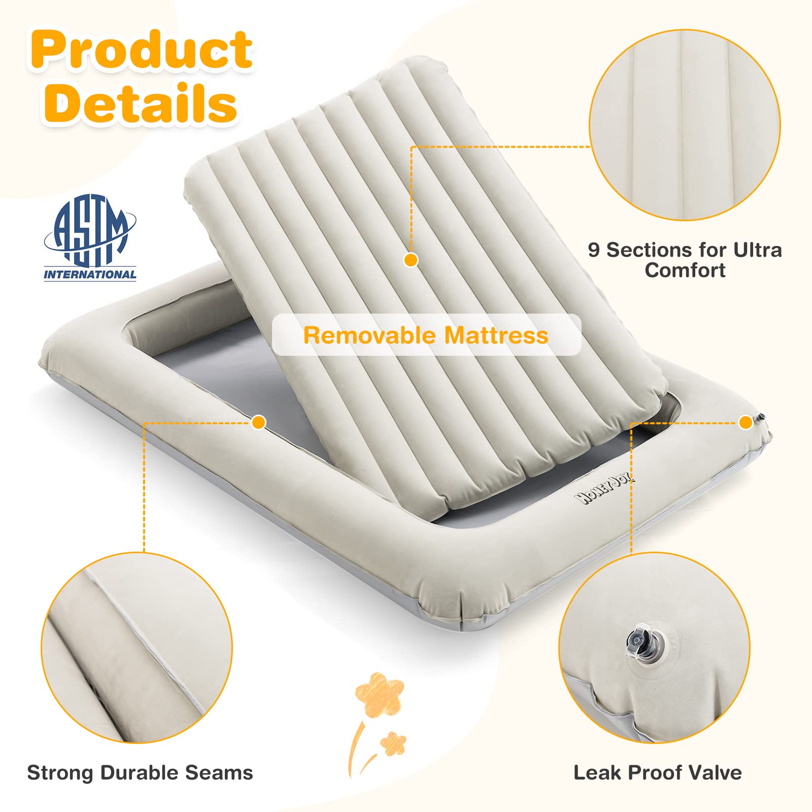 Inflatable Toddler Travel Bed, Kids Blow Up Air Mattress with Sides, Includes Air Pump, Travel Bag